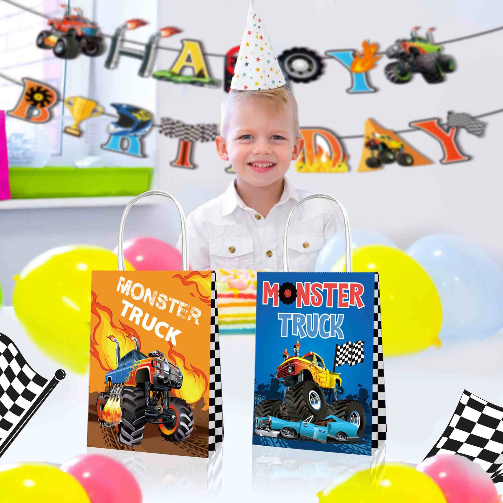 12 PCS Monster Truck Gift Bag, Racing Car Paper Tote Bags(Diagram2) 12 PCS Monster Truck Gift Bag, Racing Car Paper Tote Bags(Diagram2)