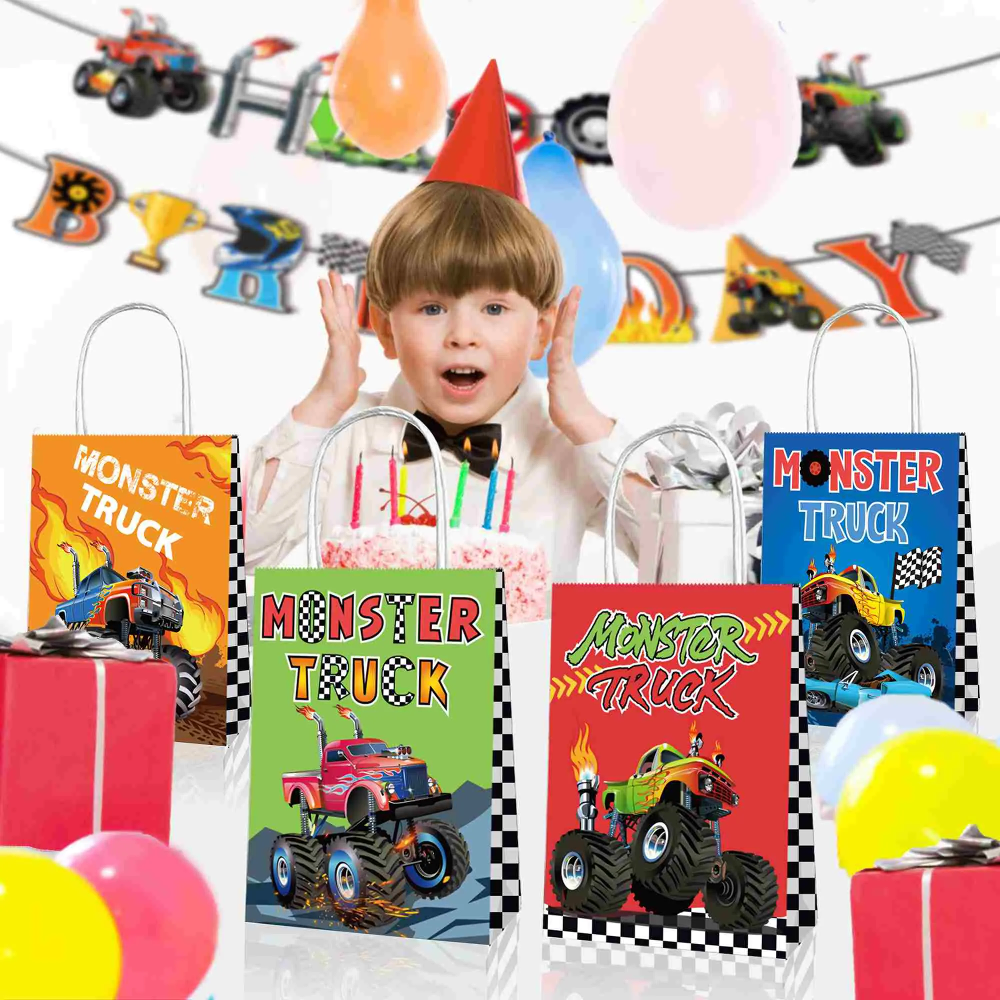 12 PCS Monster Truck Gift Bag, Racing Car Paper Tote Bags(Diagram1) 12 PCS Monster Truck Gift Bag, Racing Car Paper Tote Bags(Diagram1)