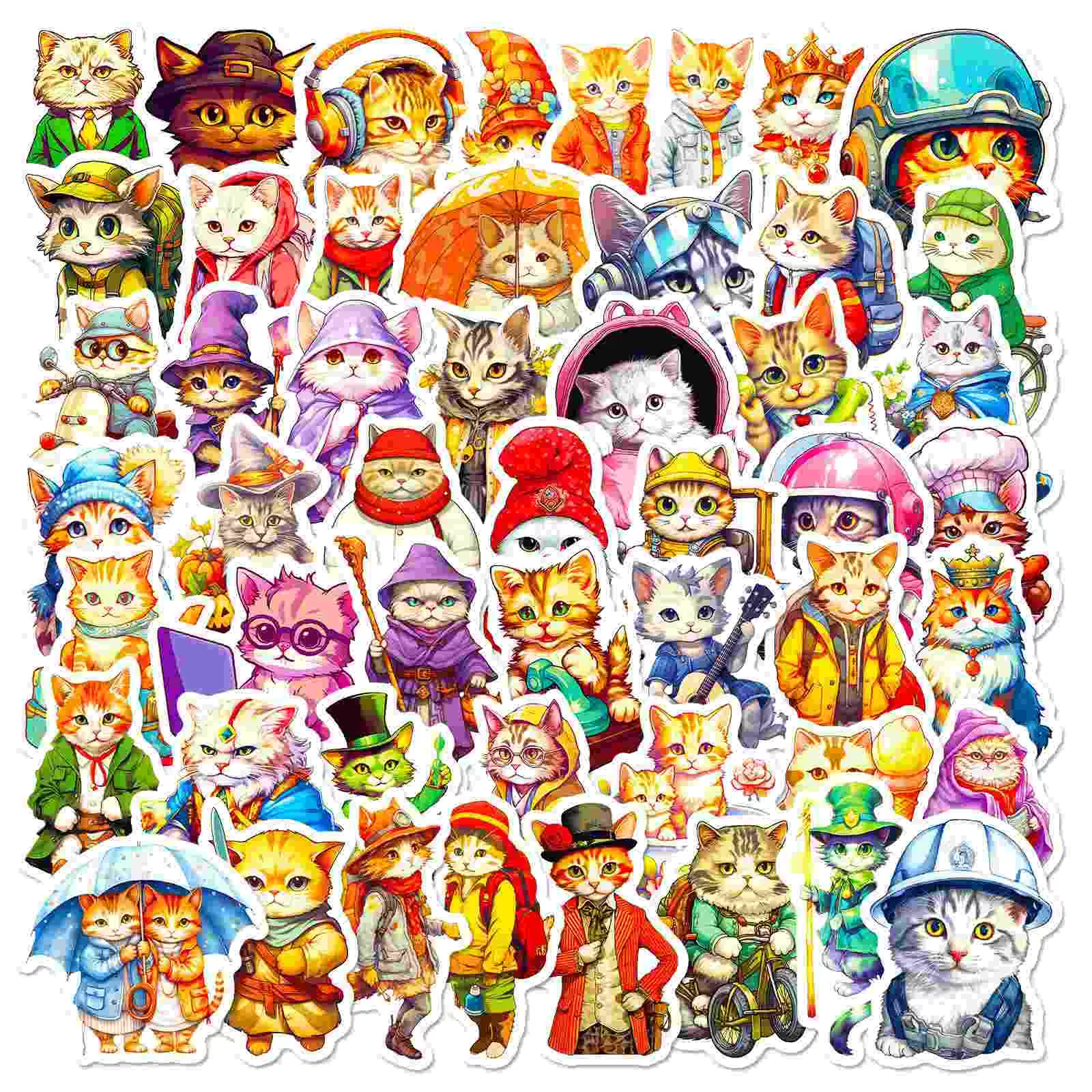 50 PCS Watercolor Cat with Hat Stickers
